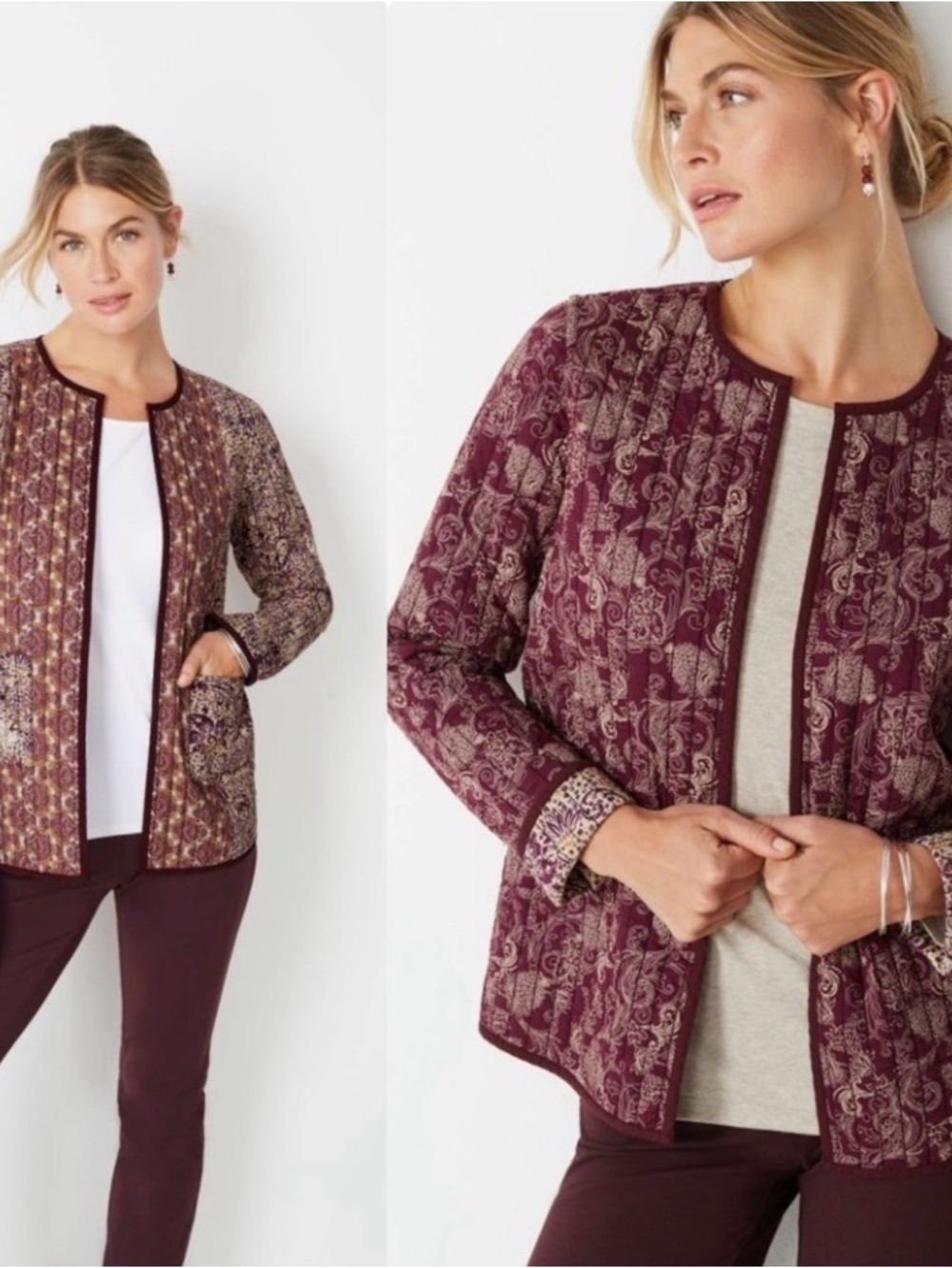 NEW J Jill Reversible Quilted Jacket SZ Large Open Front Pockets Paisley Cotton